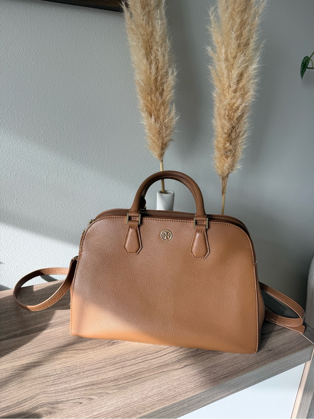 Tory Burch Pebbled Double Zip Satchel - Tan - Picture 3 of 14